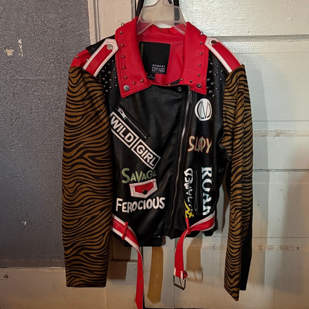 Robert Graham Red & Black Patchwork Moto Jacket with Brown Zebra Sleeves